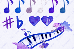 WATERCOLOR MUSIC Clipart Royal Blue Purple Music Notes Treble Clef Piano Keys Fun Watercolour Paint Splash Graphics Product Image 2
