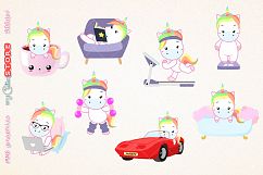 Kawaii unicorns clipart, PNG graphics collection, treadmill, coffee, bath time, reading, great for planner stickers or scraps. Product Image 1