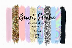 Brush Strokes Clip Art. Holographic rainbow. Holographic colors: silver glitter, light purple, gold glitter, purple Digital Design Resource. Product Image 1