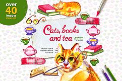 Watercolor cats, books and tea Product Image 1