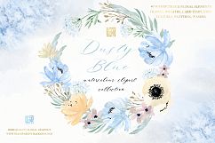 Dusty blue and gold watercolour flowers Digital clipart hand drawn. Soft blue, grey and cream colors. Product Image 7