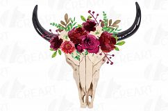 Watercolor Floral Bull Skull clipart, Indian Tribal vector Product Image 1