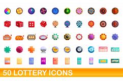 50 lottery icons set, cartoon style Product Image 1