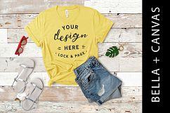 Maize Yellow Bella Canvas 3001 T Shirt Mockup Rustic Wood Product Image 1