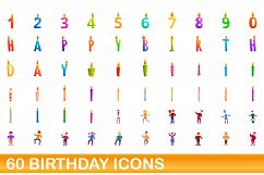 60 birthday icons set, cartoon style Product Image 1