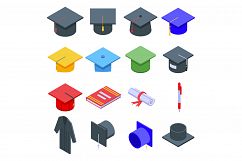 Graduation hat icons set, isometric style Product Image 1
