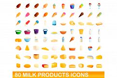 80 milk products icons set, cartoon style Product Image 1