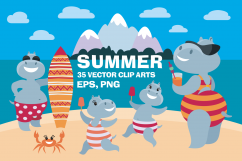 Summer. Amusing hippopotamuses and flamingo. Vector clip arts. Product Image 1