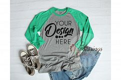 Raglan Shirt Mockup - Baseball TShirt Gray and Green Raglan Product Image 1