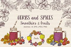   Set of vector Herbs, Spices, Smoothies and Fruits. Sketches collection of vegan food for cooking cards, stickers, labels, tags , packaging, juice.  Product Image 1