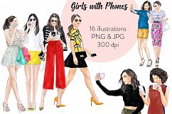 Girls with phones watercolour fashion illustration clipart Product Image 1