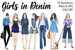 Girls in Denim - Watercolor fashion clipart Product Image 1
