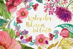 TROPICAL HIBISCUS Watercolor Floral Clipart Commercial Use Clip Art Hawaii Beach Flowers Pink &amp; Gold Metallic Wreaths Invitation Graphics Product Image 6