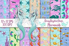 Mermaid Digital Paper, Sealife Scrapbook, Seahorse pattern Product Image 1