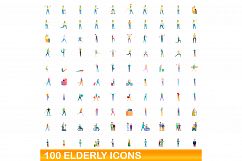 100 elderly icons set, cartoon style Product Image 1