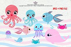 Collection of ocean animals, Octopus, Goldfish, Whale, crab, Jellyfish clipart set Product Image 2