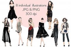 Girls in Black Lace watercolour fashion illustration clipart Product Image 2