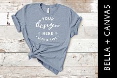 Bella Canvas 3001 Heather Slate T-Shirt Mockup Wood Backdrop Product Image 1