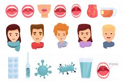 Tonsillitis icons set, cartoon style Product Image 1