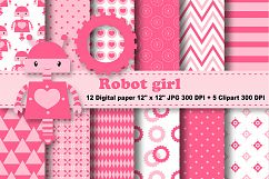Robot Digital Paper, Robot Girl Digital Paper, Girls Background, Baby Girl Pattern, Gears Background, Scrapbook Papers, Robot Clipart. Product Image 1