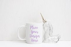 White coffee 11oz mug mock up unicorn decor rustic background PSD Product Image 2