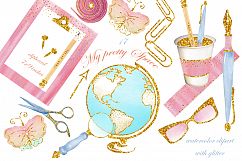  Stationary watercolor images, globe, dashboard, pen, pencil, glasses. Planner clipart. Watercolor clipart with glitter, instant download. Product Image 1