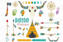 Tribal clip art collection, BOHO clip art, Bohemian dreamcatcher, feathers, arrows, tipi, bull skull. Svg, eps, dxf, png AI vector files Product Image 1