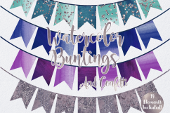 PARTY BUNTING BANNER Clipart Watercolor Double Tail Buntings Navy Blue &amp; Purple Glitter Confetti Birthday Graphics Product Image 2
