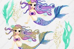 WATERCOLOR MERMAID Clipart  with Metallic Gold Confetti Mermaids Shells Starfish Ocean Watercolour Splash Graphics Product Image 5