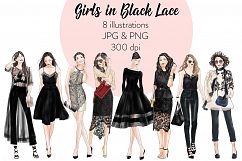 Girls in Black Lace watercolour fashion illustration clipart Product Image 1