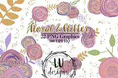 Floral and Glitter Clipart, Purple Flowers Graphics Product Image 1