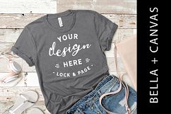 Bella Canvas 3001 T-Shirt Mockup Asphalt Feminine Flat Lay Product Image 1