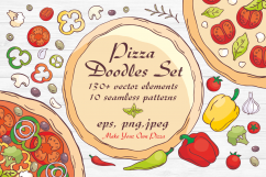Pizza Doodles set. Vector elements and seamless patterns. Product Image 1