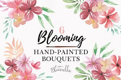 Bouquets Watercolor Floral Pink Flowers Blooming Leaves Product Image 1