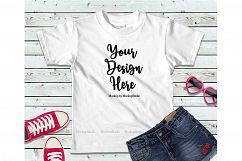 Girls White Tshirt Mock Up Kids Teen Flat Lay Tee Display Product Image 1