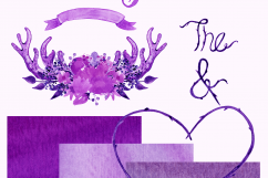 PURPLE WEDDING CLIPART Woodland Watercolor Ultra Violet Floral Bouquets Deer Antlers Banners Digital Papers Graphics Product Image 4