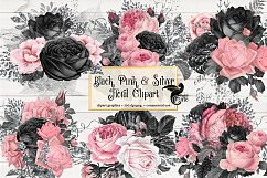 Black Pink and Silver Floral Clipart Product Image 1