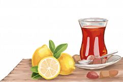 Turkish tea and lemon hand painting vector Product Image 1