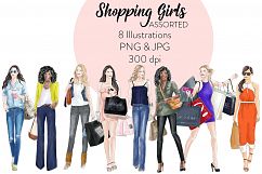 Watercolour fashion illustration clipart Shopping Girls - Assorted Product Image 1