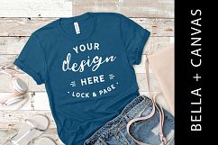 Teal Bella Canvas 3001 T-Shirt Mockup Rustic Wood Backdrop Product Image 1