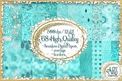 Teal Aqua Foil Glitter Seamless Digital Papers,Borders Set Product Image 1