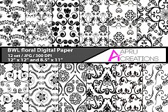 Black and White floral digital papers, stars pattern, digital papers, high quality 300 dpi, 12 x 12 inch , and 8.5 x 11 inch Product Image 1