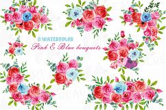Boho pink and blue watercolor wedding bouquets, floral png Product Image 1