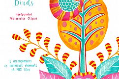 Folk Art Birds &amp; Trees Watercolor Clipart Product Image 2