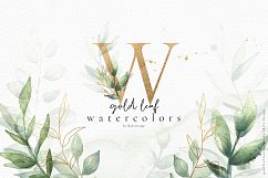 Gold leaf watercolor alphabet clipart Product Image 1