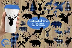 Lumberjack clipart, Blue Buffalo plaid, Forest animal silhouettes graphic, illustration, AMB-2359 Product Image 1