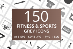 150 Fitness &amp; Sports Flat Greyscale Icons Product Image 1