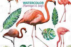 Watercolor Flamingos Clipart with watercolor leafs. 5 flamingos and 7 green leafs, flamingos and leafs collection, greenery, diy invitation Product Image 9