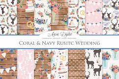 Coral and Navy Wedding Digital Paper - Navy and Pink Rustic Wedding Deer Seamless Patterns Product Image 1