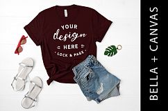 Oxblood Bella Canvas 3001 T Shirt Mockup Girls Flat Lay Product Image 1